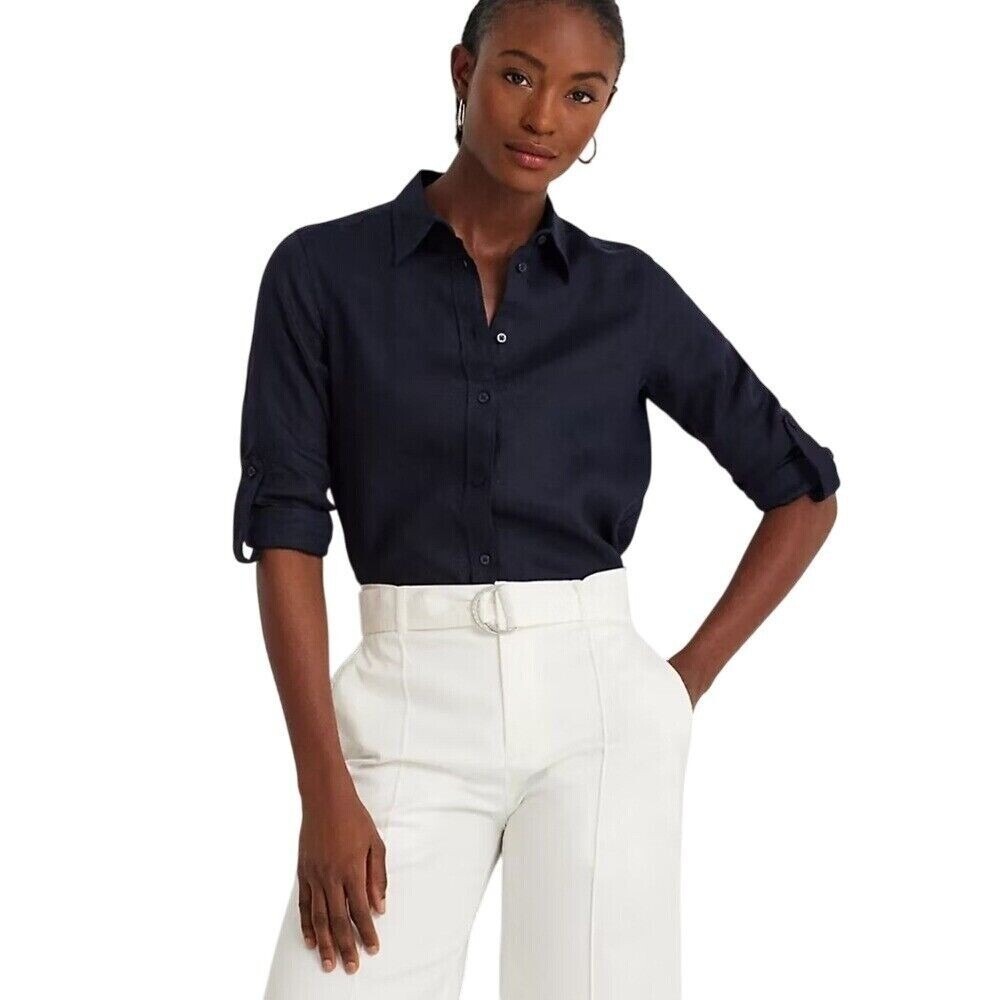 Lauren Ralph Lauren Relaxed Fit 100% Linen Roll Tab Sleeves Shirt Navy Women XL - Picture 4 of 13